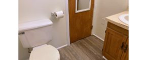 Bathroom with toilet, closet, and vanity