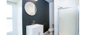 Bathroom with mirror, vanity, toilet, and shower stall