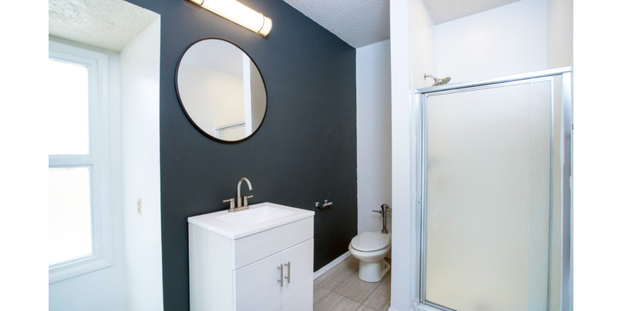 Bathroom with mirror, vanity, toilet, and shower stall