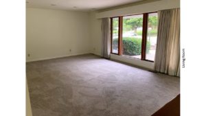Carpeted living room with large picture window