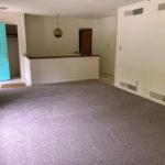 Large, carpeted living room with teal door and pendant light over a stairwell