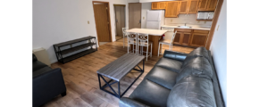 Kitchen with wood-tone cabinets and white appliances, island, and living room with sofa, loveseat, coffee table and TV stand