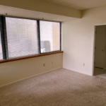 Unfurnished, carpeted bedroom with large windows