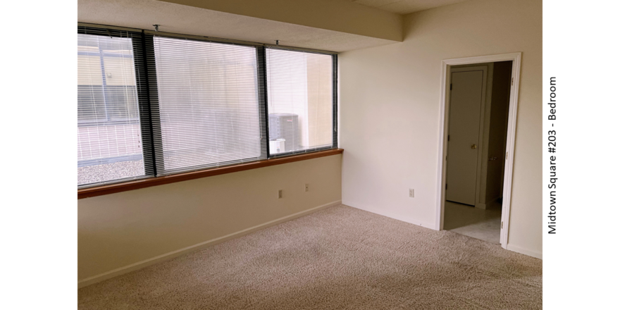 Unfurnished, carpeted bedroom with large windows