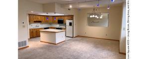 Kitchen with wood-tone cabinets, carpeted living and dining areas, and track lighting