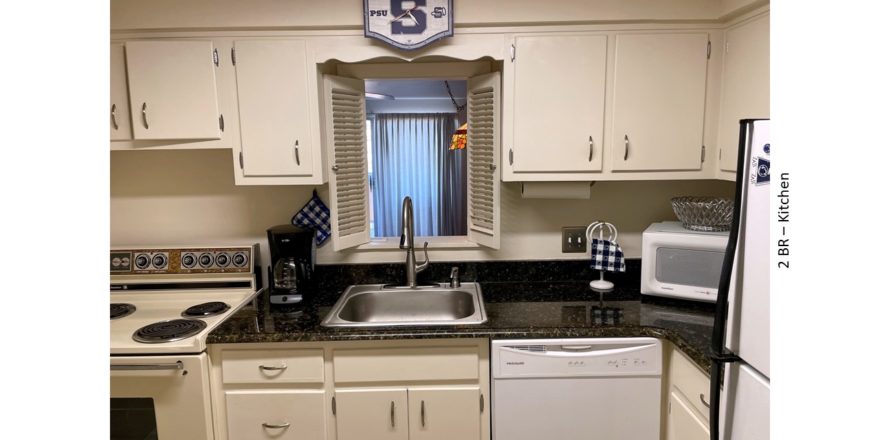 Kitchen with white cabinets and white appliances