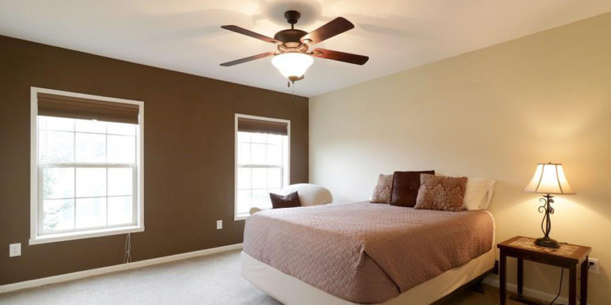 a bedroom with a ceiling fan and two windows