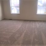 an empty room with carpet and two windows