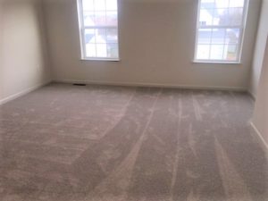 an empty room with carpet and two windows