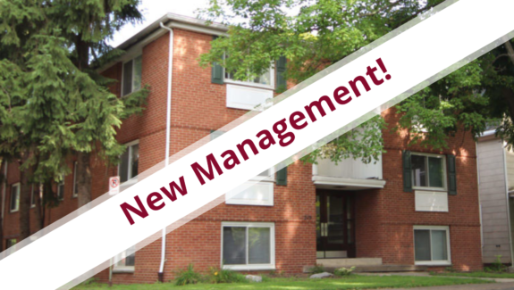 a red and white sign that says new management