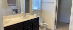 a bathroom with a white toilet, double sink with dark brown cabinets and drawers, a large mirror, and a closet