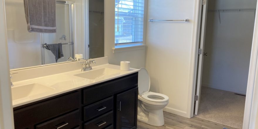 a bathroom with a white toilet, double sink with dark brown cabinets and drawers, a large mirror, and a closet