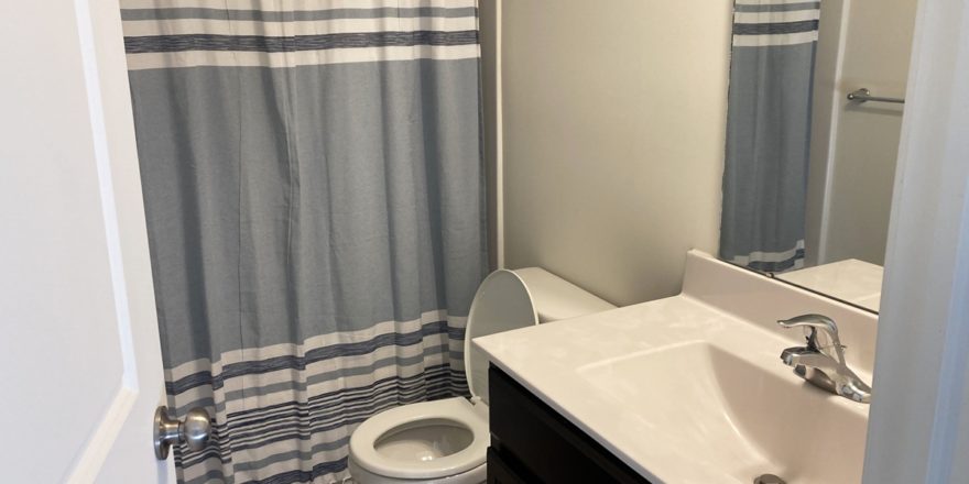 a bathroom with a sink, a white toilet and a bathtub shower