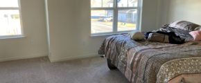 a bedroom with beige carpet, a bed, and two windows