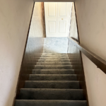 a set of stairs leading down to a closet door