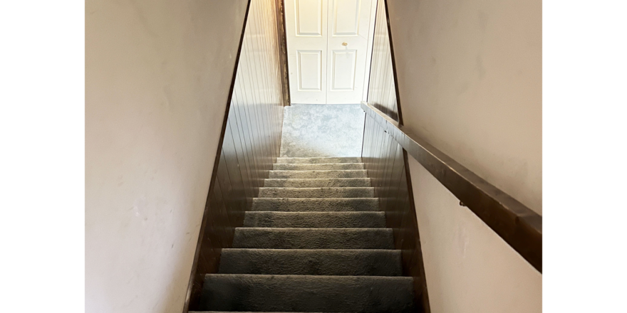 a set of stairs leading down to a closet door