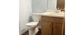 an off-white toilet sitting on dark wood flooring next to an off-white bathroom sink with chrome fixtures and dark wood vanity