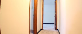 Hallway with beige carpet. Doorway with woodgrain trim on left as well as a doorway with woodgrain trim straight ahead. Off-white electric receptacle on left wall before doorway.