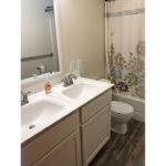 a bathroom with two sinks, a toilet and a shower curtain