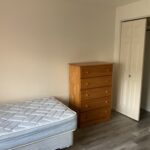 a bedroom with a bed, dresser and closet