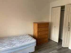 a bedroom with a bed, dresser and closet