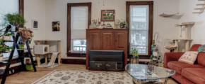 downstairs unit living room filled with 3 windows, white walls, and wooden flooring