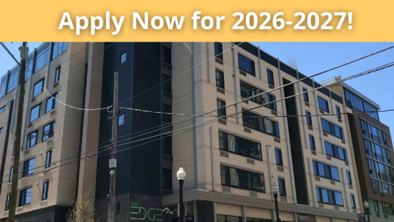an apartment building with the words apply now for 205 - 2077