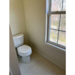 a white toilet sitting next to a window in a bathroom