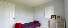 a carpeted bedroom with a futon bed, dresser and mirror