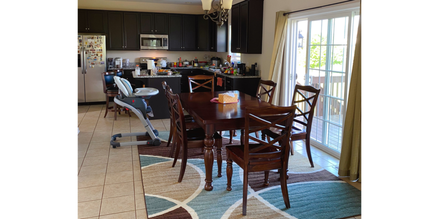 a dining room table and chairs in a kitchen with appliances and back door