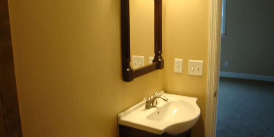 a bathroom with a sink, mirror and toilet
