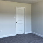 an empty room with a white closet door and carpet
