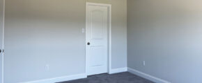 an empty room with a white closet door and carpet