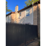 a house with a tall black fence in the back of it