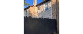 a house with a tall black fence in the back of it