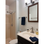 a bathroom with a sink, toilet and shower
