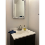 a bathroom sink with a mirror above it