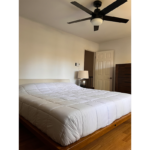 a bedroom with a bed and ceiling fan