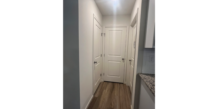 an empty hallway with white doors and wood floors