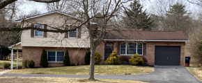 a house with a driveway and trees in the front yard