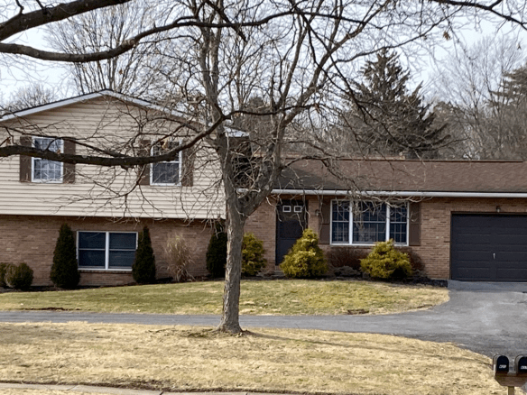 a house with a driveway and trees in the front yard