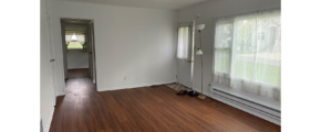 an empty room with white walls, brown LVP floors, a large window, and entry doorway