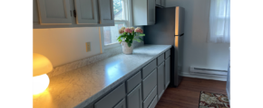 marble counters with white gray cabinets and stainless steel fridge