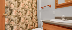 a bathroom with a sink, toilet, and shower