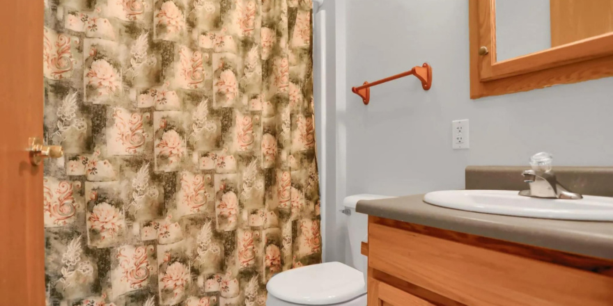 a bathroom with a sink, toilet, and shower