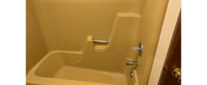 a bathroom with a shower and a toilet