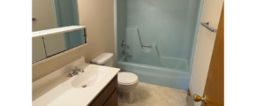 a bathroom with a sink, toilet, and shower