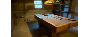 a pool table in a room with a book shelf