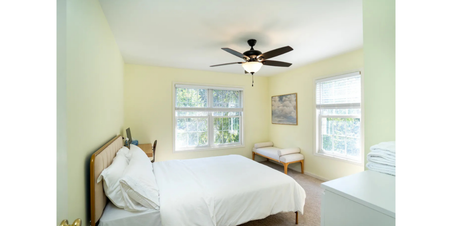 a bedroom with a bed and a ceiling fan