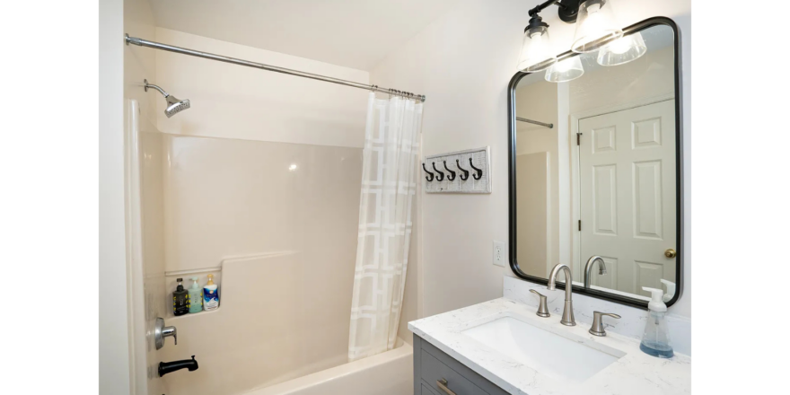 a bathroom with a sink, mirror, and bathtub